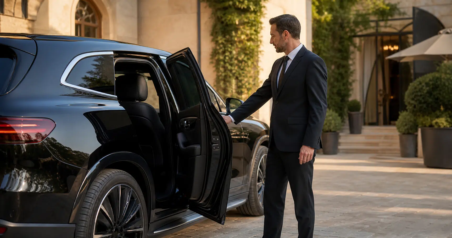 Chauffeur privé ouvrant la porte d'un véhicule premium en Provence